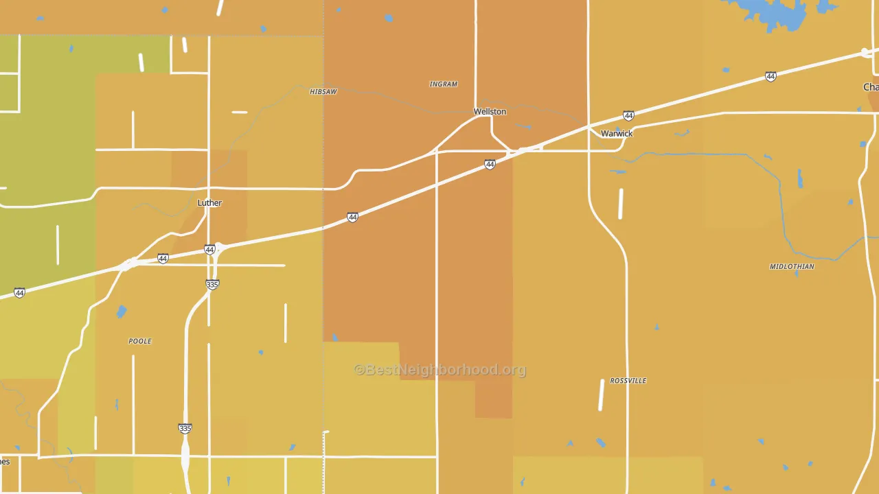 Map of the best neighborhoods in the Wellston area, with better matches in green and worse matches in red