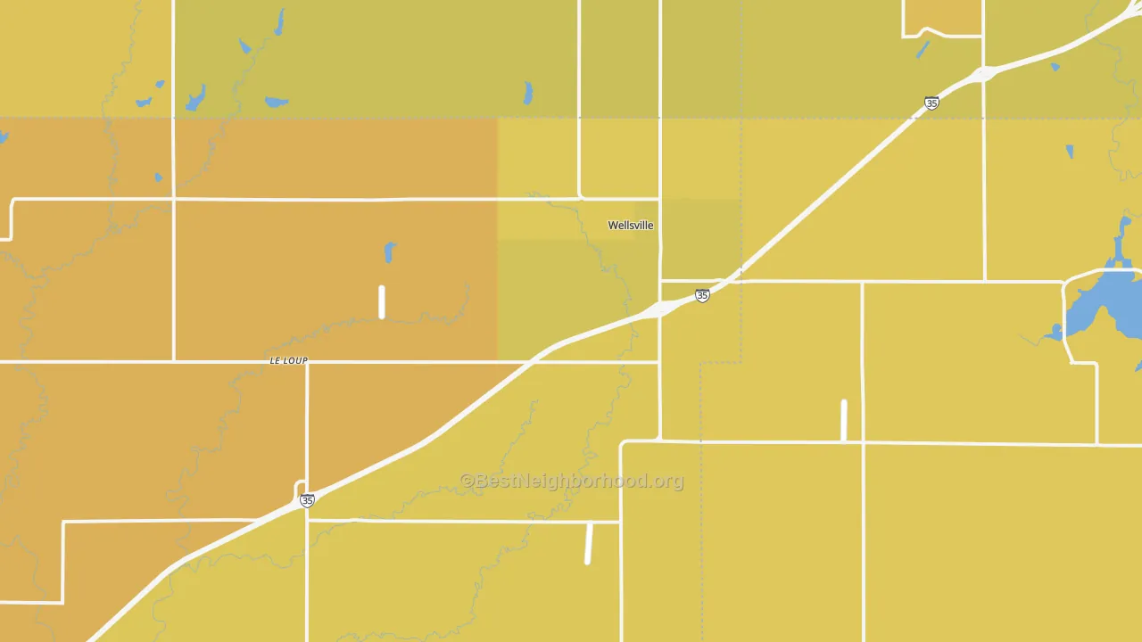 Map of the best neighborhoods in the Wellsville area, with better matches in green and worse matches in red