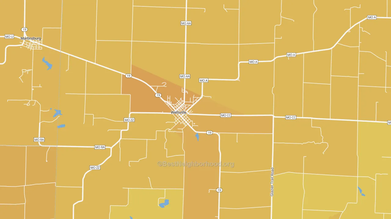 Map of the best neighborhoods in the Wellsville area, with better matches in green and worse matches in red