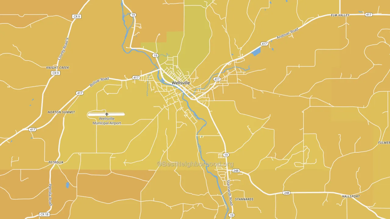 Map of the best neighborhoods in the Wellsville area, with better matches in green and worse matches in red