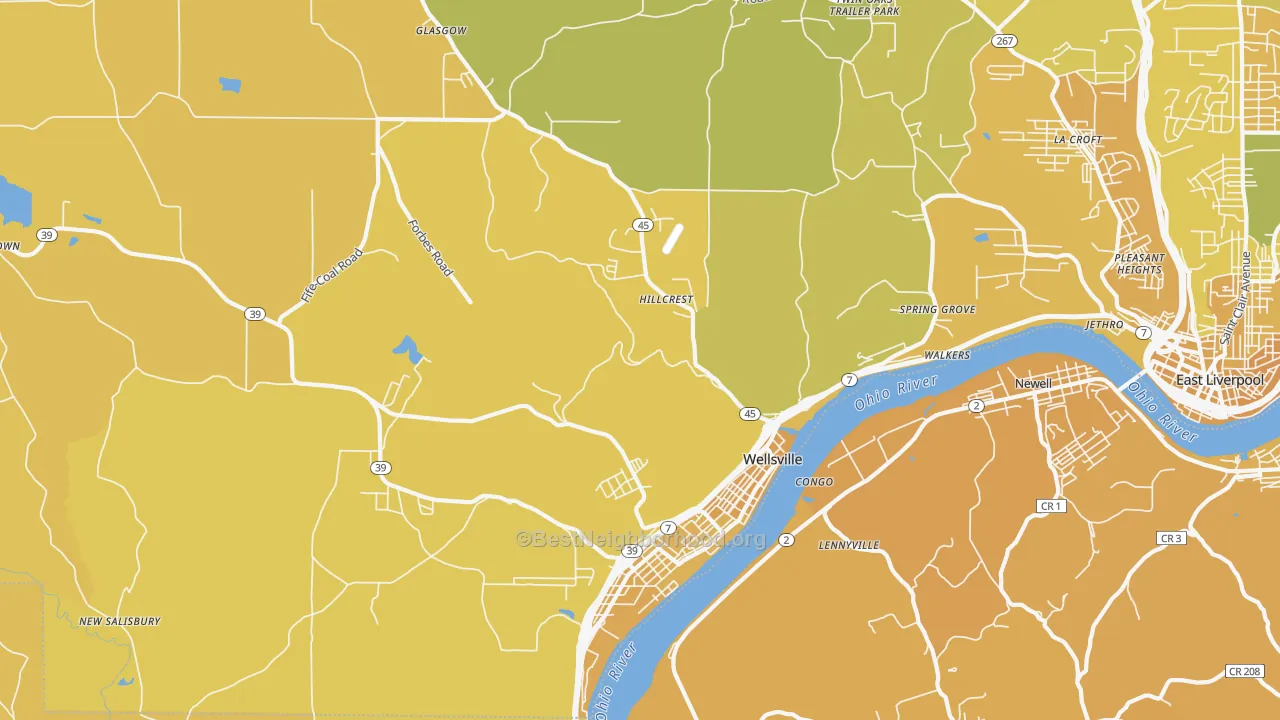 Map of the best neighborhoods in the Wellsville area, with better matches in green and worse matches in red