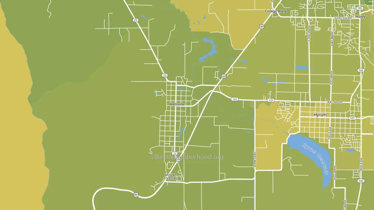 Map of the best neighborhoods in the Wellsville area, with better matches in green and worse matches in red