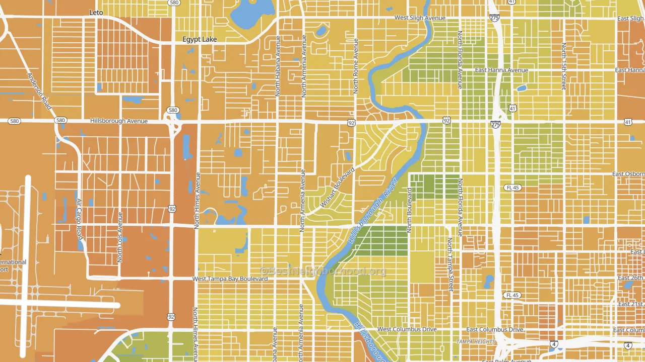 Map of the best neighborhoods in the Wellswood, Tampa area, with better matches in green and worse matches in red