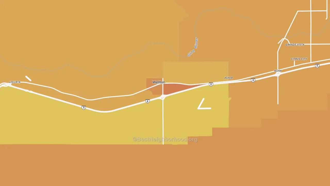 Map of the best neighborhoods in the Wellton area, with better matches in green and worse matches in red