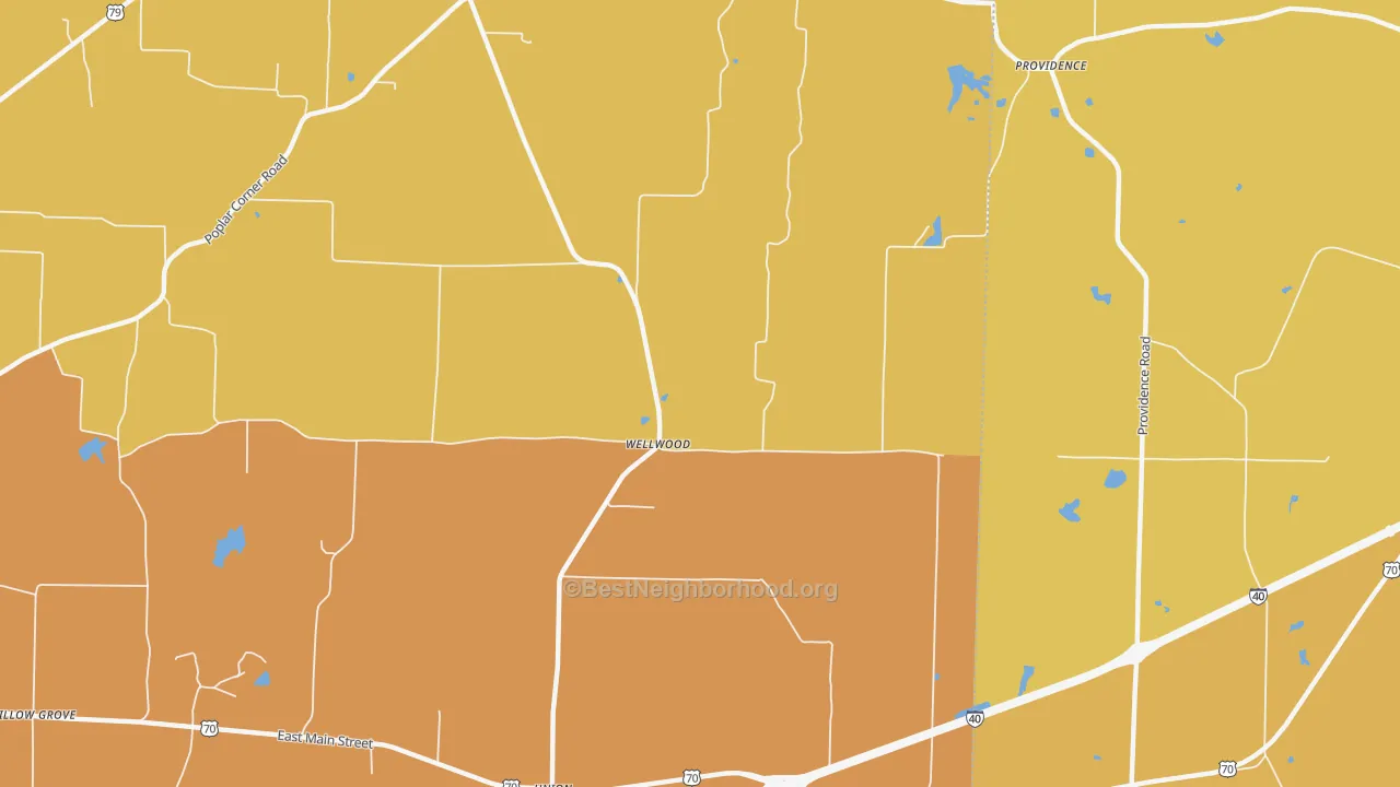 Map of the best neighborhoods in the Wellwood area, with better matches in green and worse matches in red