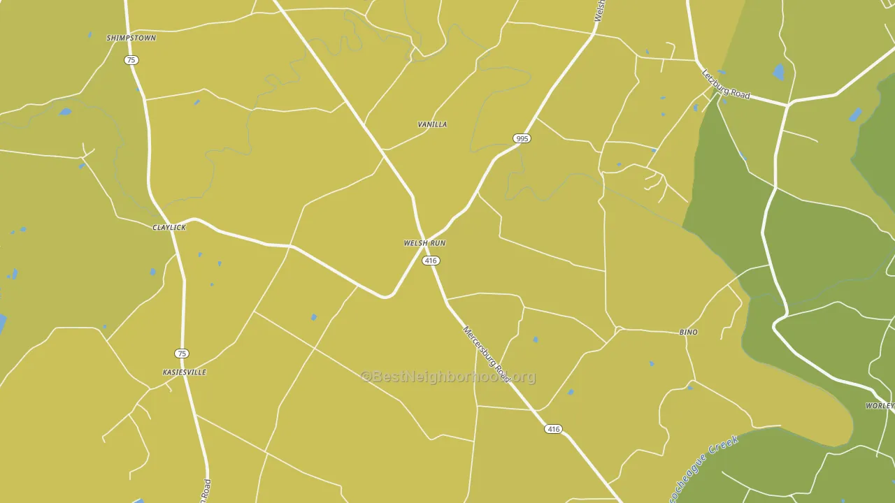 Map of the best neighborhoods in the Welsh Run area, with better matches in green and worse matches in red