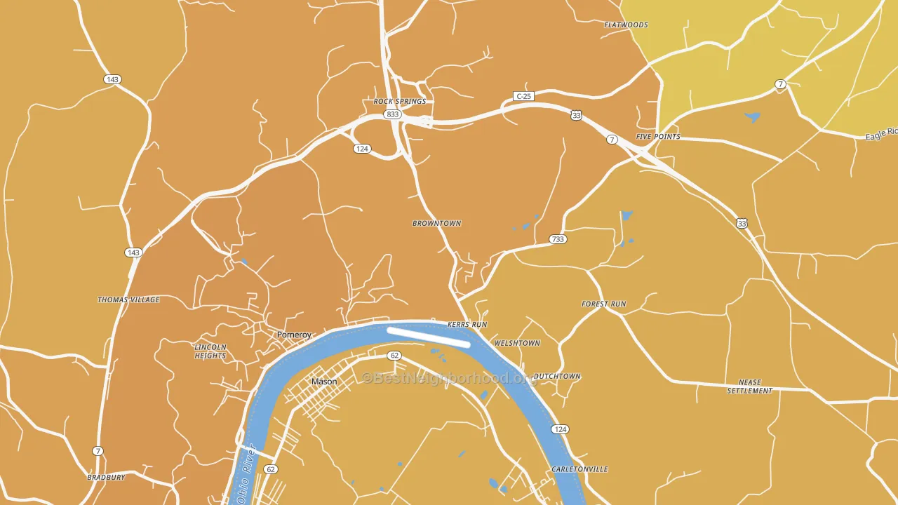 Map of the best neighborhoods in the Welshtown area, with better matches in green and worse matches in red