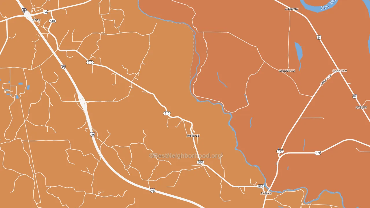Map of the best neighborhoods in the Wemple area, with better matches in green and worse matches in red
