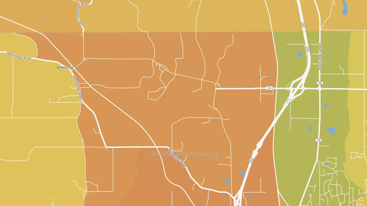 Map of the best neighborhoods in the Wenasoga area, with better matches in green and worse matches in red