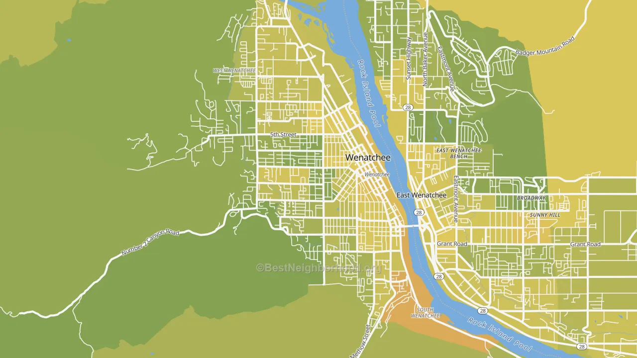 Map of the best neighborhoods in the Wenatchee Metro area, with better matches in green and worse matches in red