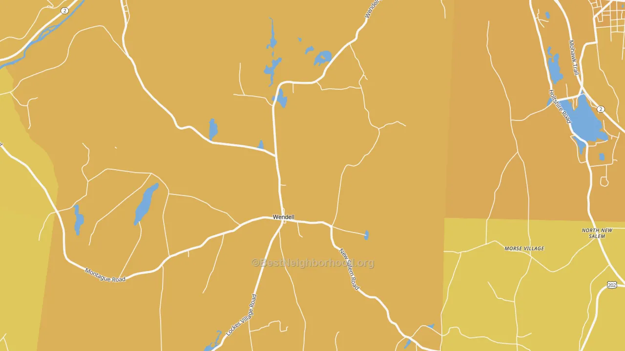 Map of the best neighborhoods in the Wendell Depot area, with better matches in green and worse matches in red