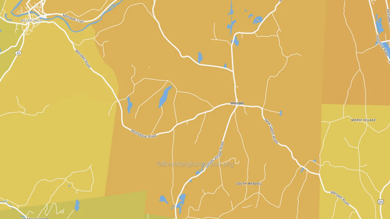 Map of the best neighborhoods in the Wendell area, with better matches in green and worse matches in red