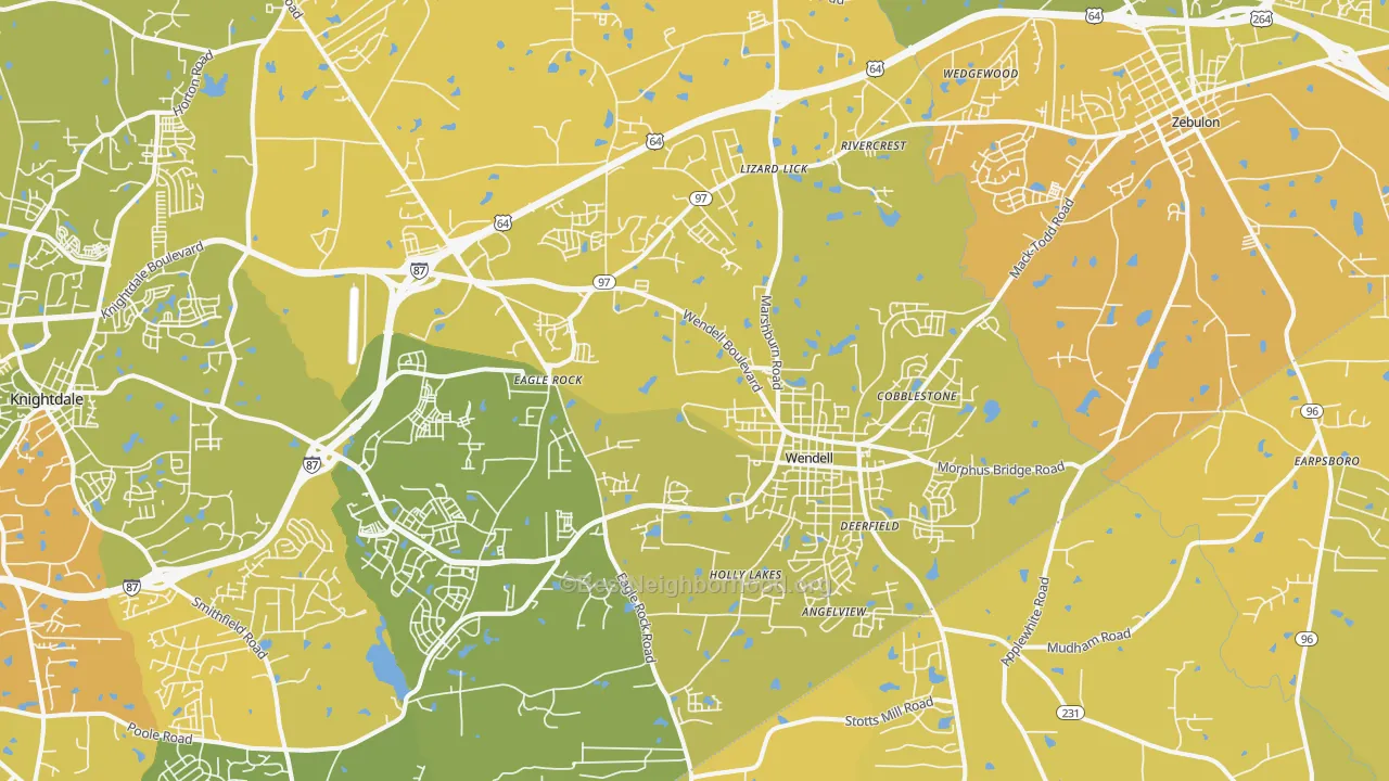 Map of the best neighborhoods in the Wendell area, with better matches in green and worse matches in red