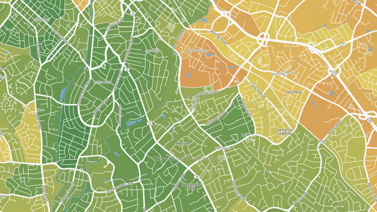 Map of the best neighborhoods in the Wendover-Sedgewood, Charlotte area, with better matches in green and worse matches in red
