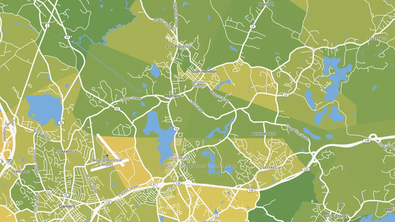 Map of the best neighborhoods in the Wenham area, with better matches in green and worse matches in red
