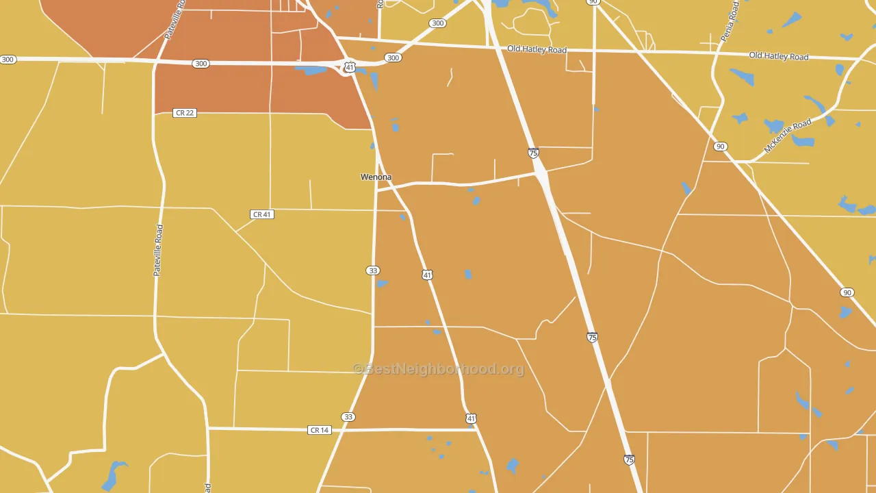 Map of the best neighborhoods in the Wenona area, with better matches in green and worse matches in red