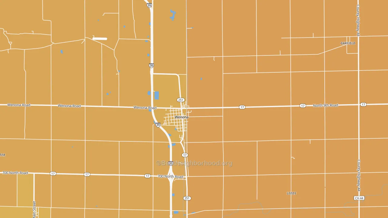 Map of the best neighborhoods in the Wenona area, with better matches in green and worse matches in red