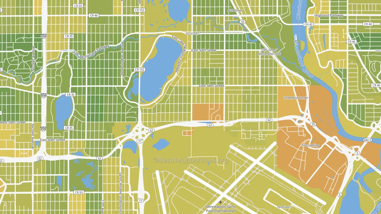 Map of the best neighborhoods in the Wenonah, Minneapolis area, with better matches in green and worse matches in red