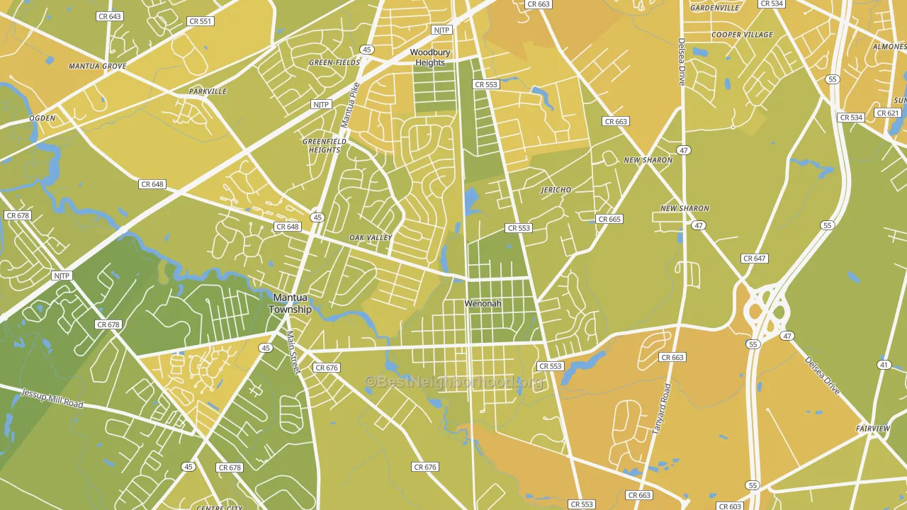 Map of the best neighborhoods in the Wenonah area, with better matches in green and worse matches in red
