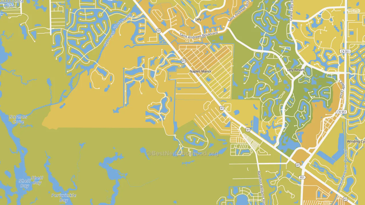 Map of the best neighborhoods in the Wentworth Estates, Naples area, with better matches in green and worse matches in red