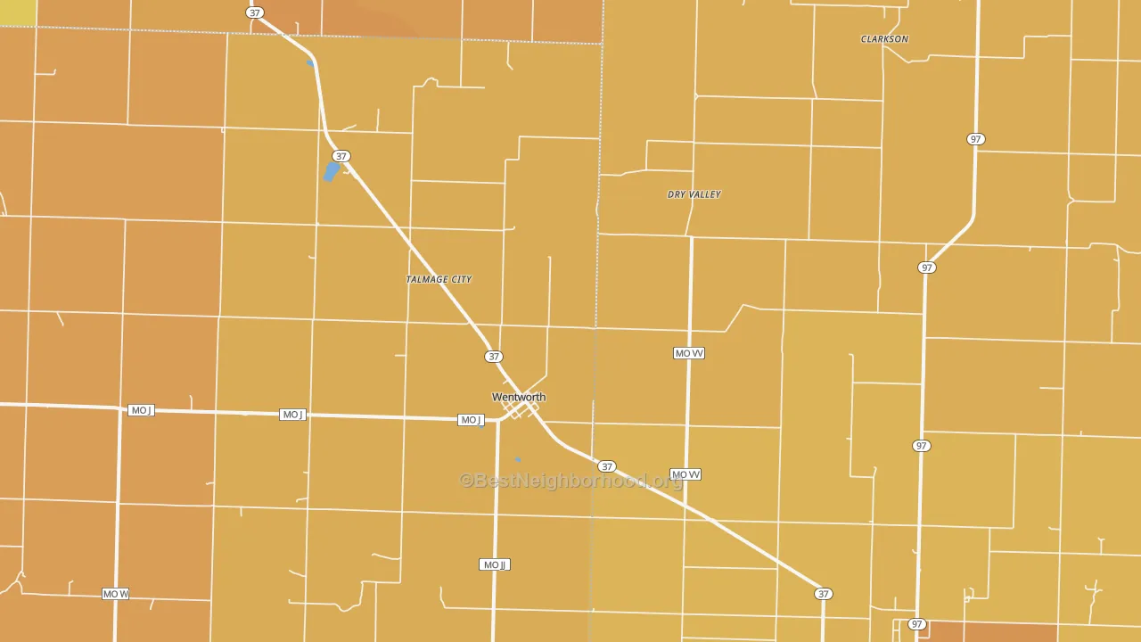 Map of the best neighborhoods in the Wentworth area, with better matches in green and worse matches in red