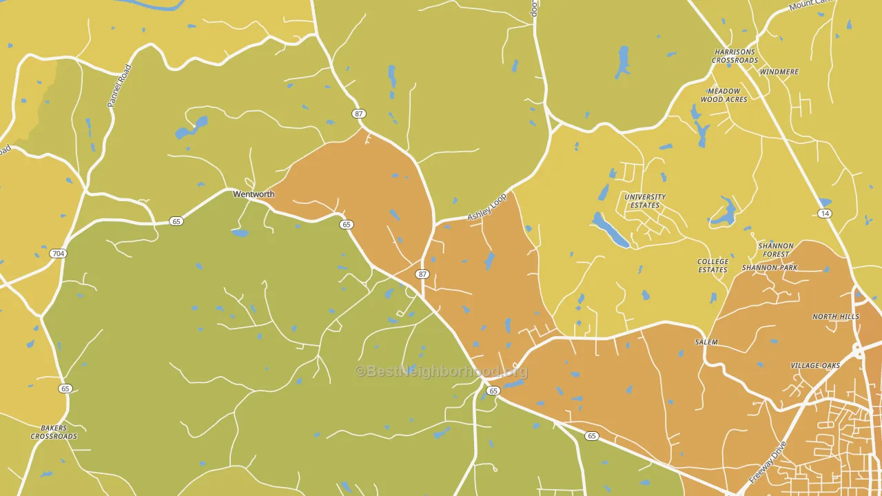 Map of the best neighborhoods in the Wentworth area, with better matches in green and worse matches in red