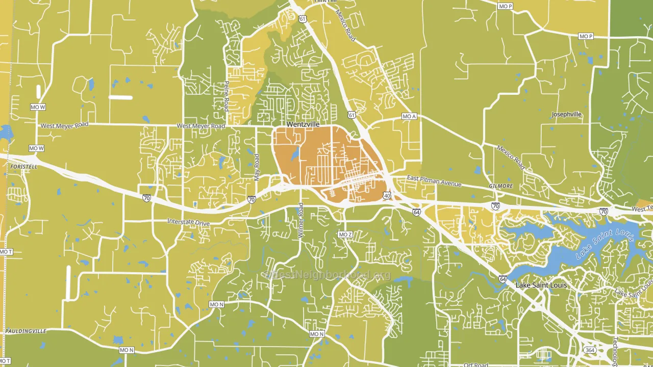 Map of the best neighborhoods in the Wentzville area, with better matches in green and worse matches in red