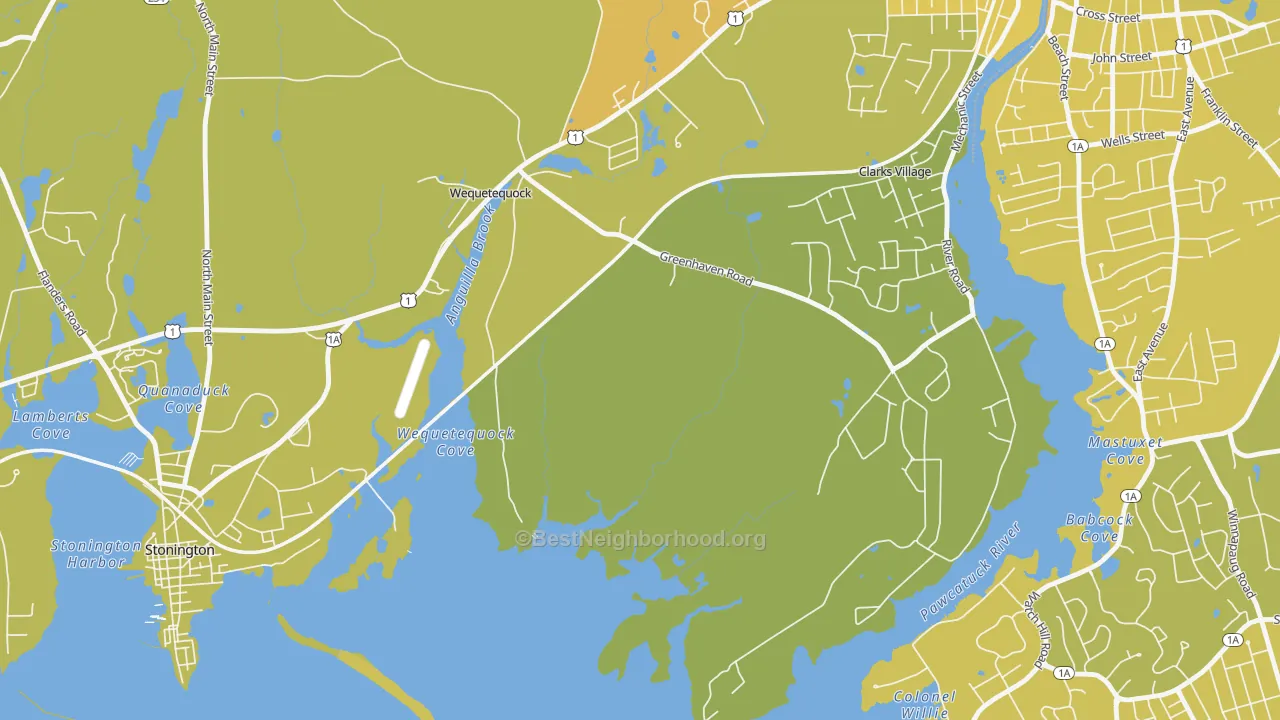 Map of the best neighborhoods in the Wequetequock area, with better matches in green and worse matches in red