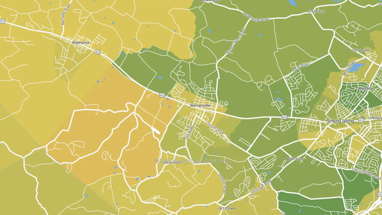 Map of the best neighborhoods in the Wernersville area, with better matches in green and worse matches in red