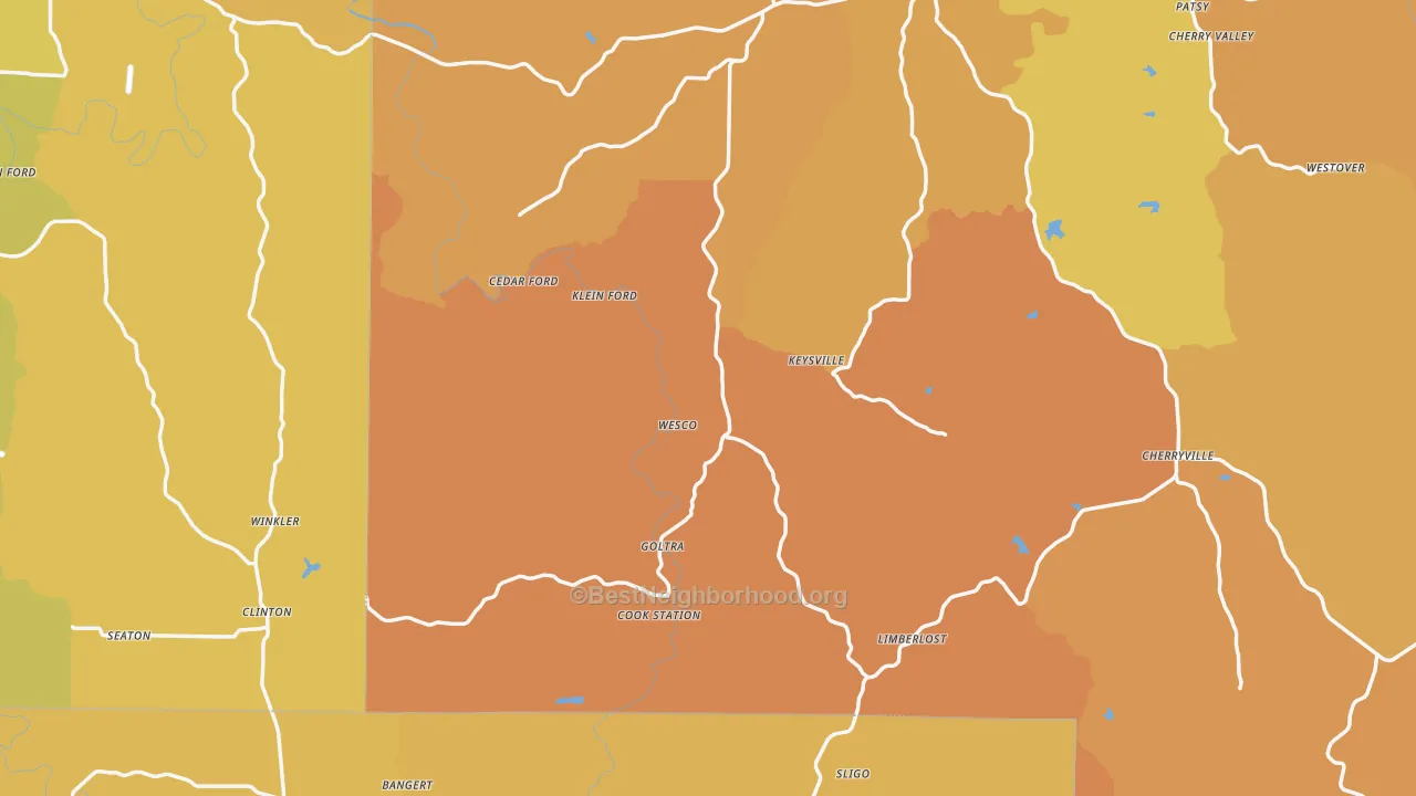 Map of the best neighborhoods in the Wesco area, with better matches in green and worse matches in red