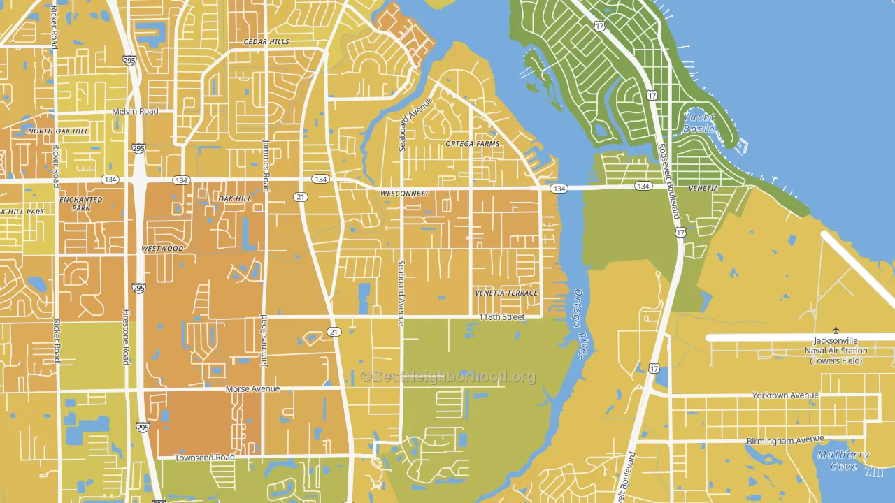Map of the best neighborhoods in the Wesconnett, Jacksonville area, with better matches in green and worse matches in red