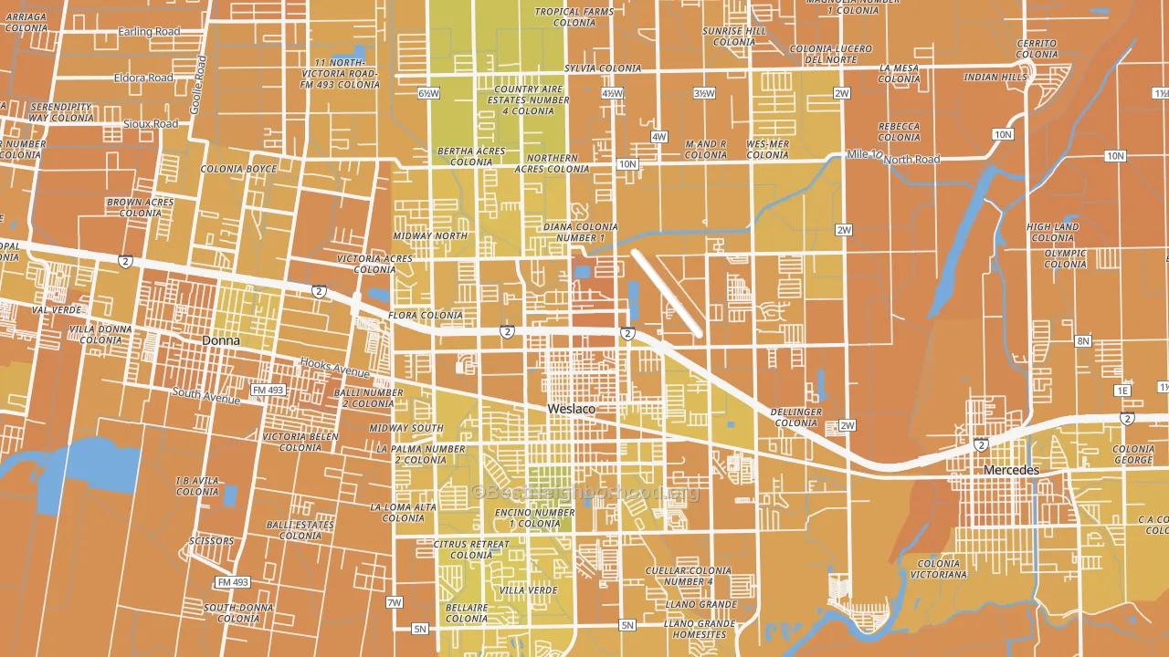 Map of the best neighborhoods in the Weslaco area, with better matches in green and worse matches in red