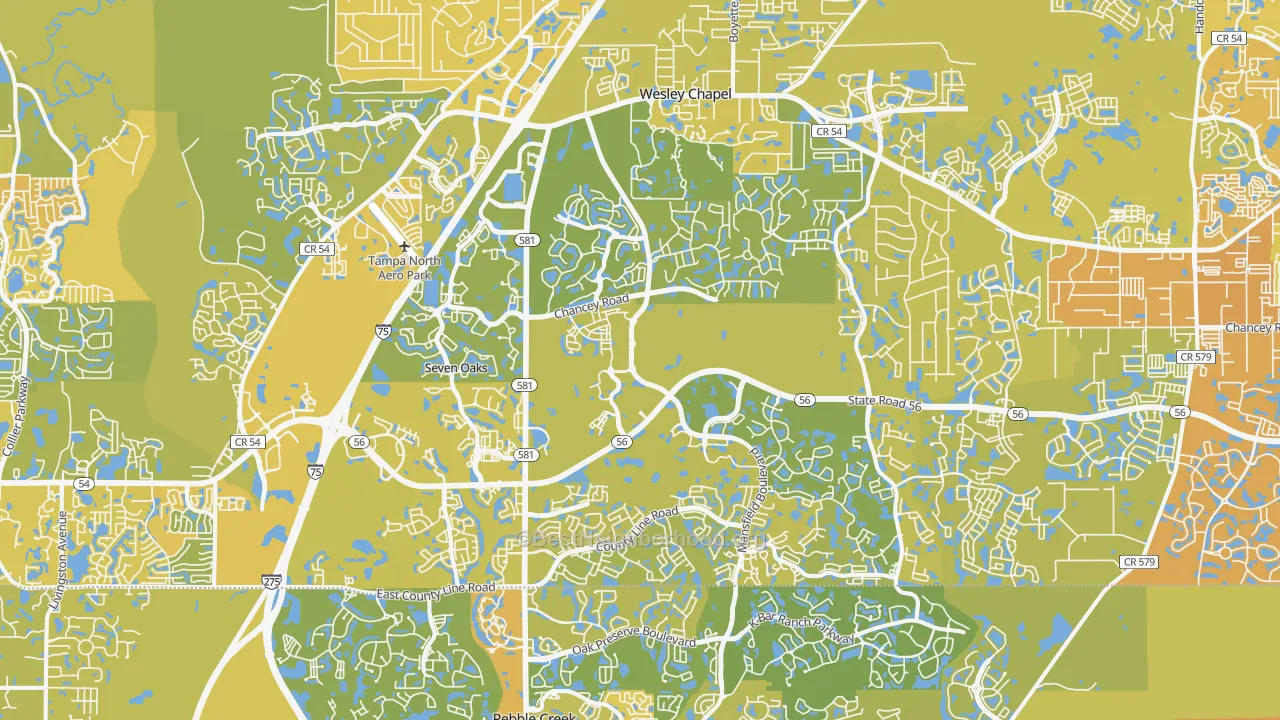 Map of the best neighborhoods in the Wesley Chapel area, with better matches in green and worse matches in red