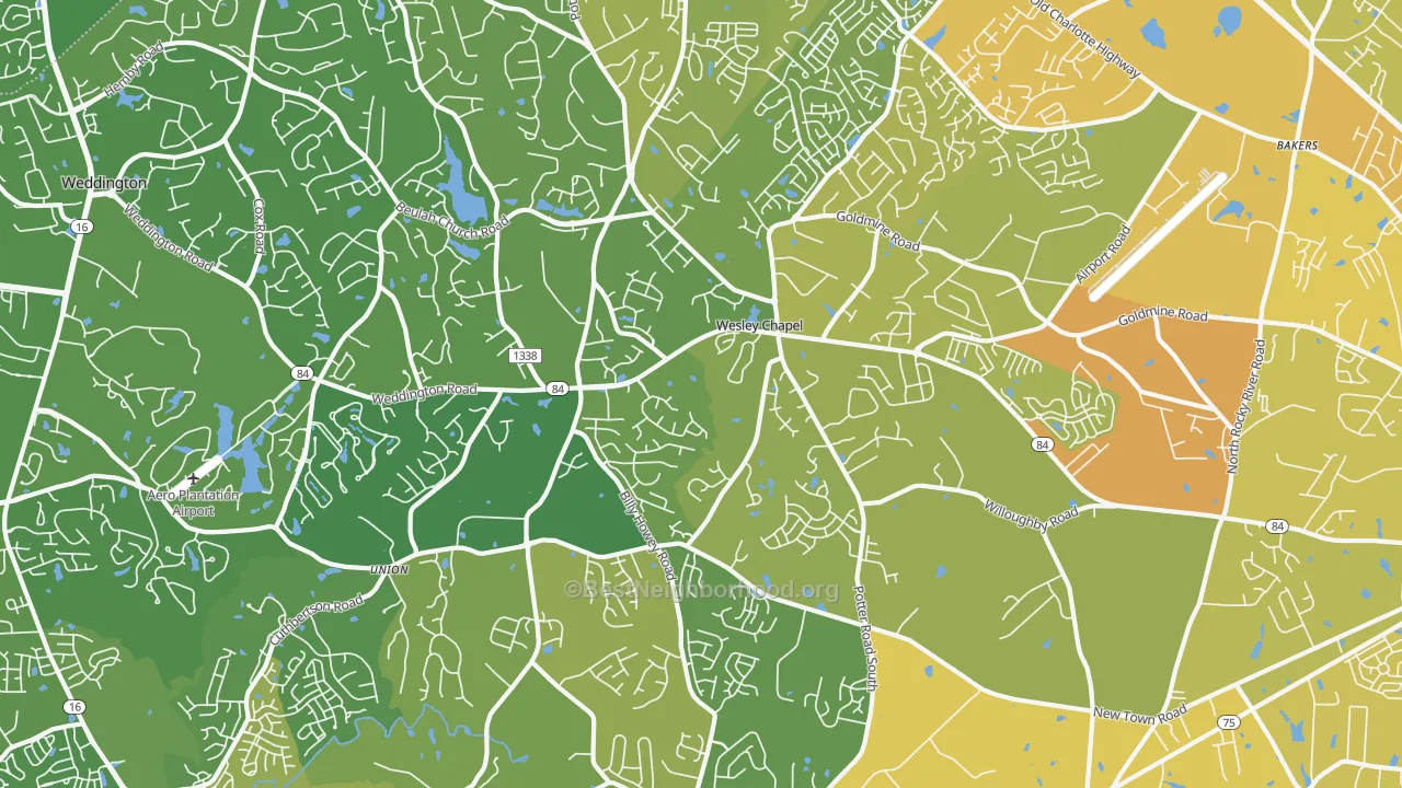 Map of the best neighborhoods in the Wesley Chapel area, with better matches in green and worse matches in red