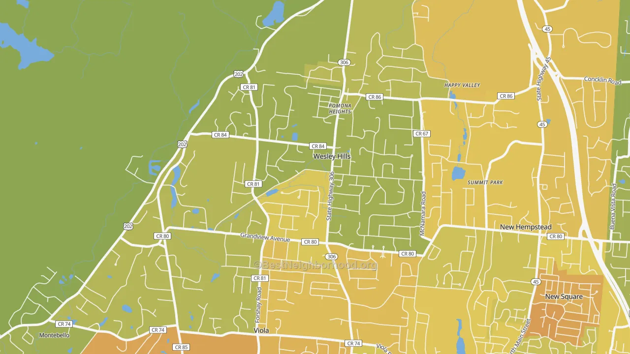 Map of the best neighborhoods in the Wesley Hills area, with better matches in green and worse matches in red