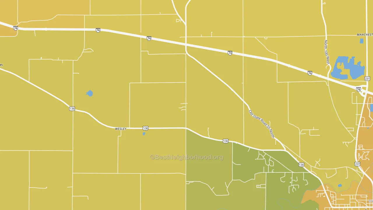 Map of the best neighborhoods in the Wesley area, with better matches in green and worse matches in red
