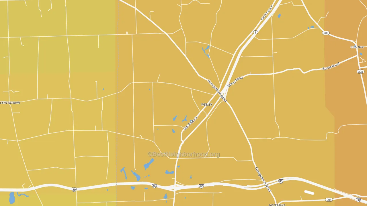 Map of the best neighborhoods in the Wesley area, with better matches in green and worse matches in red