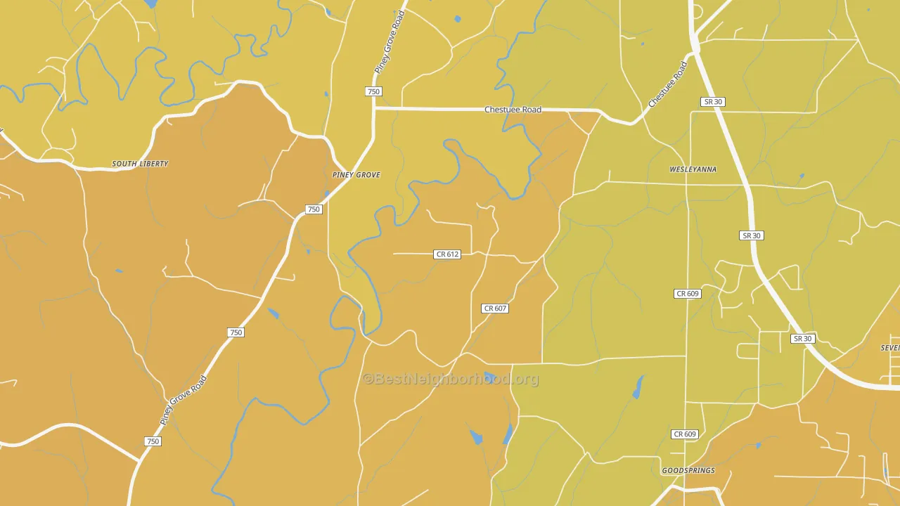 Map of the best neighborhoods in the Wesleyanna area, with better matches in green and worse matches in red