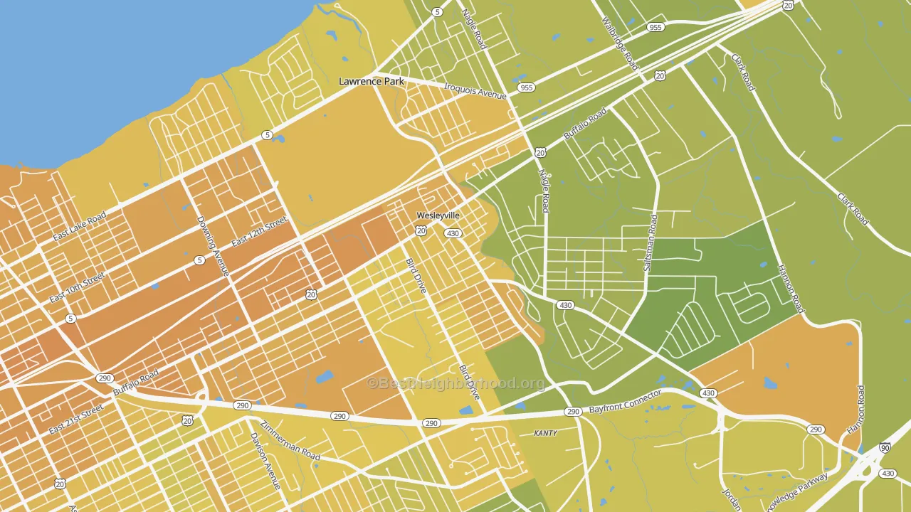 Map of the best neighborhoods in the Wesleyville area, with better matches in green and worse matches in red