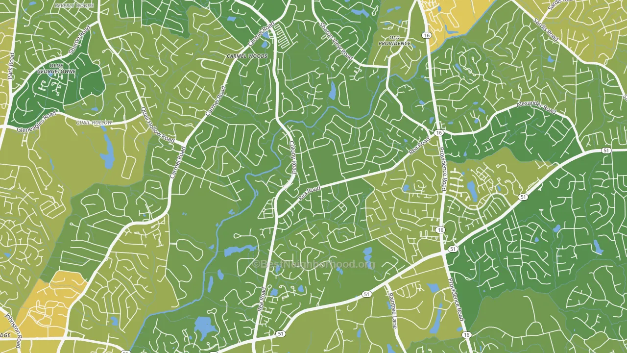 Map of the best neighborhoods in the Wessex Square, Charlotte area, with better matches in green and worse matches in red