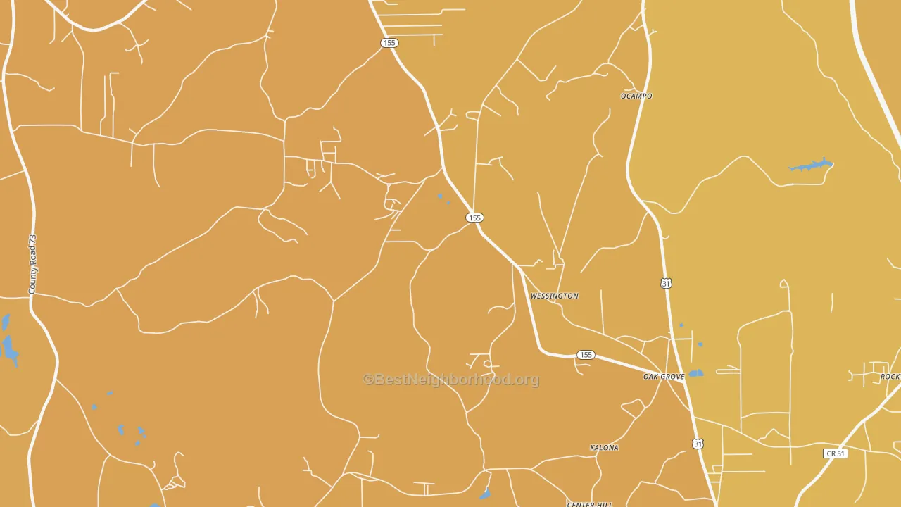 Map of the best neighborhoods in the Wessington area, with better matches in green and worse matches in red