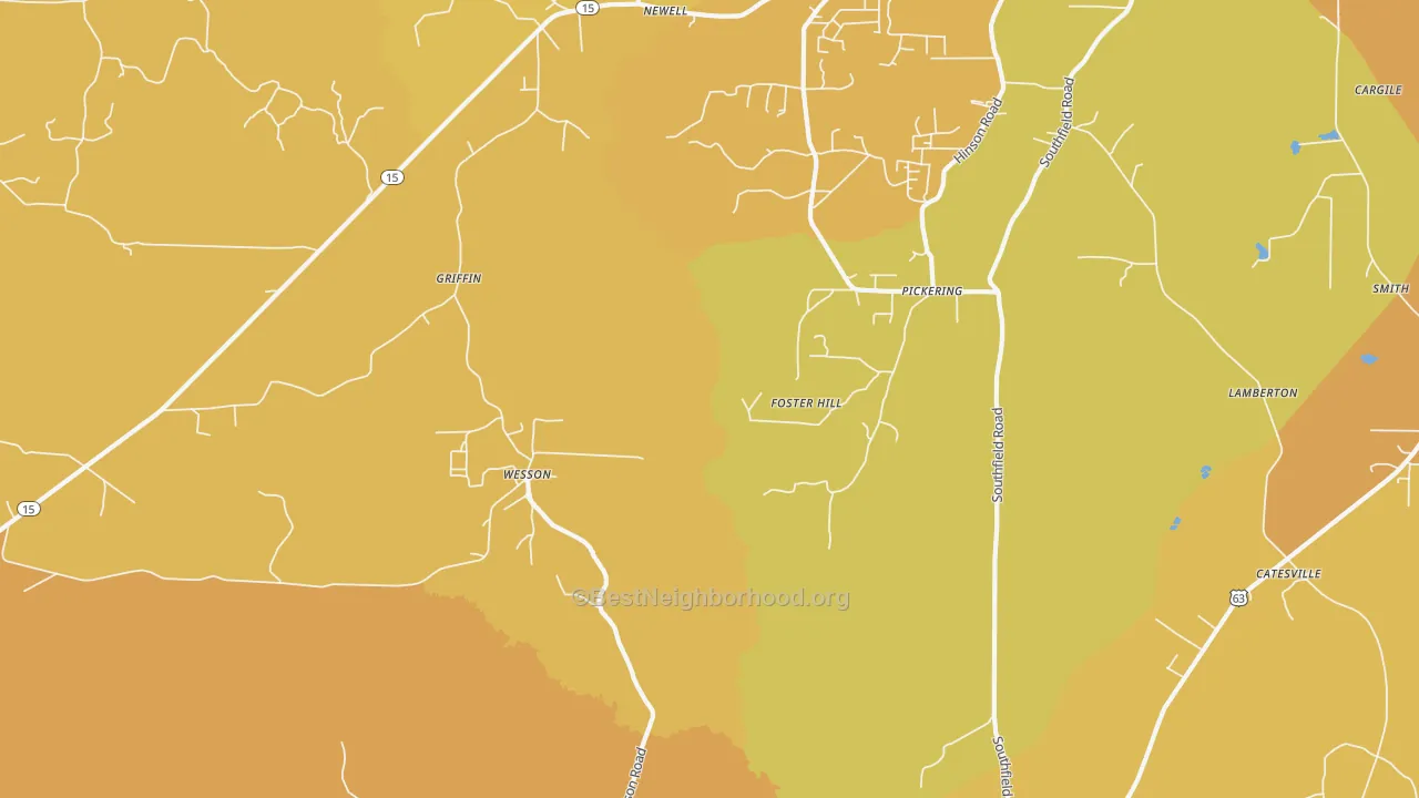 Map of the best neighborhoods in the Wesson area, with better matches in green and worse matches in red