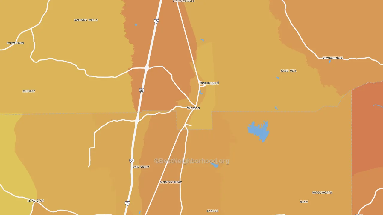 Map of the best neighborhoods in the Wesson area, with better matches in green and worse matches in red