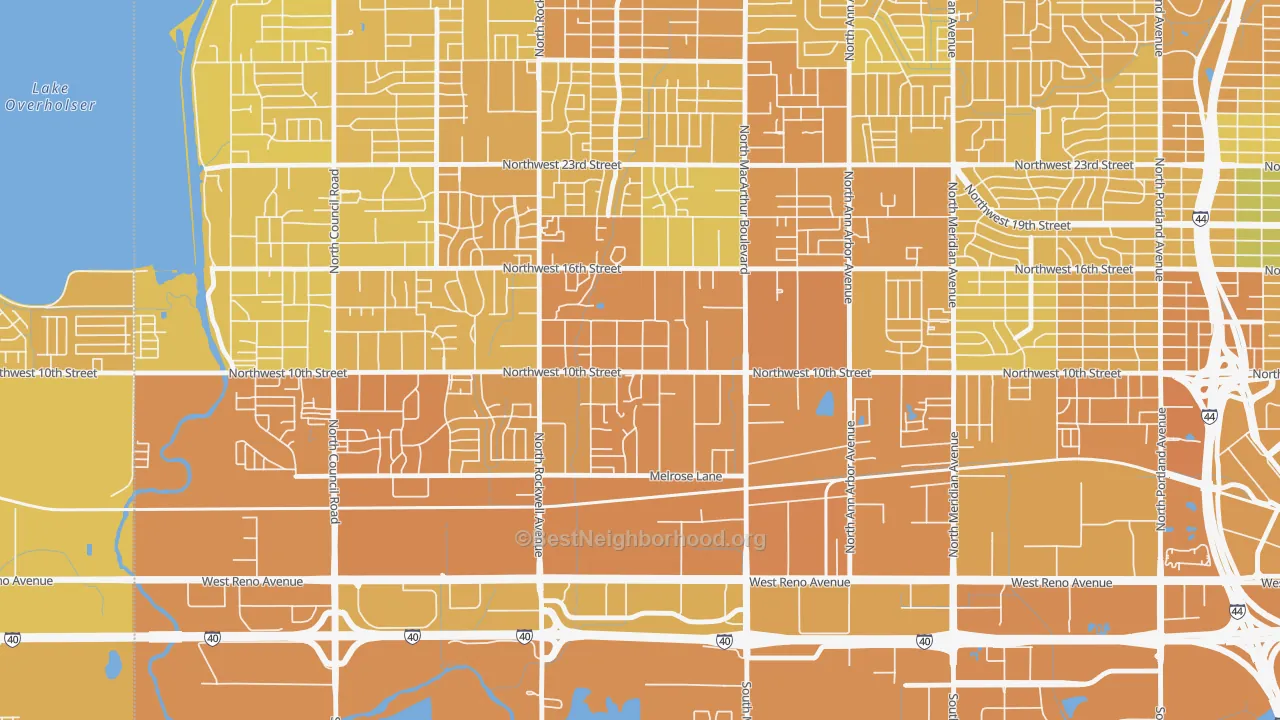 Map of the best neighborhoods in the West 10th, Oklahoma City area, with better matches in green and worse matches in red