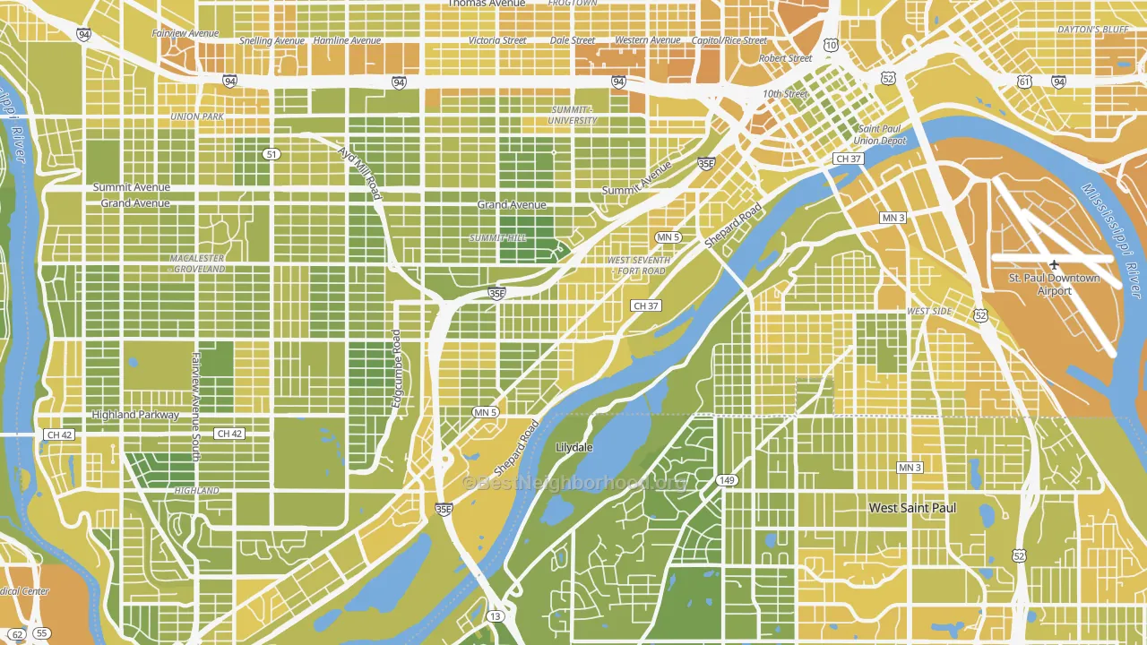 Map of the best neighborhoods in the West 7th, St. Paul area, with better matches in green and worse matches in red