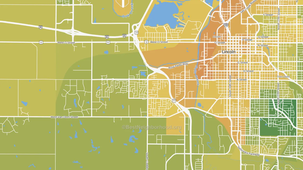 Map of the best neighborhoods in the West A, Lincoln area, with better matches in green and worse matches in red