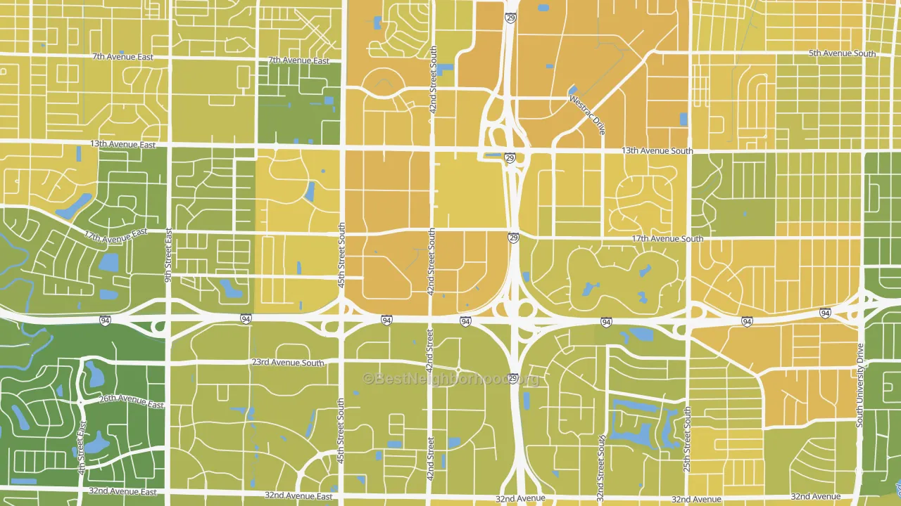 Map of the best neighborhoods in the West Acres, Fargo area, with better matches in green and worse matches in red