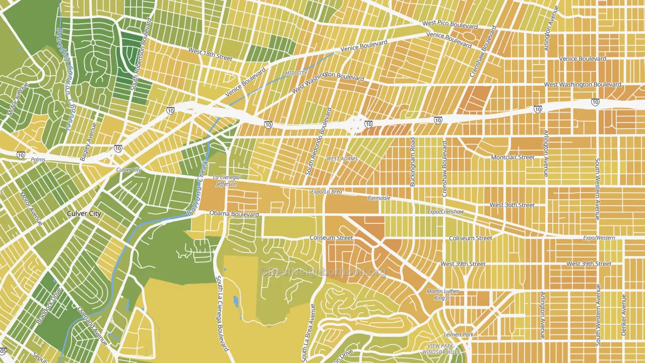 Map of the best neighborhoods in the West Adams, Los Angeles area, with better matches in green and worse matches in red