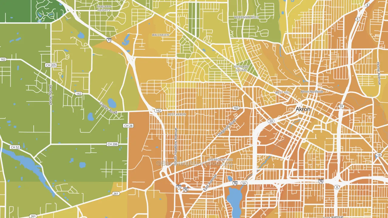 Map of the best neighborhoods in the West Akron, Akron area, with better matches in green and worse matches in red