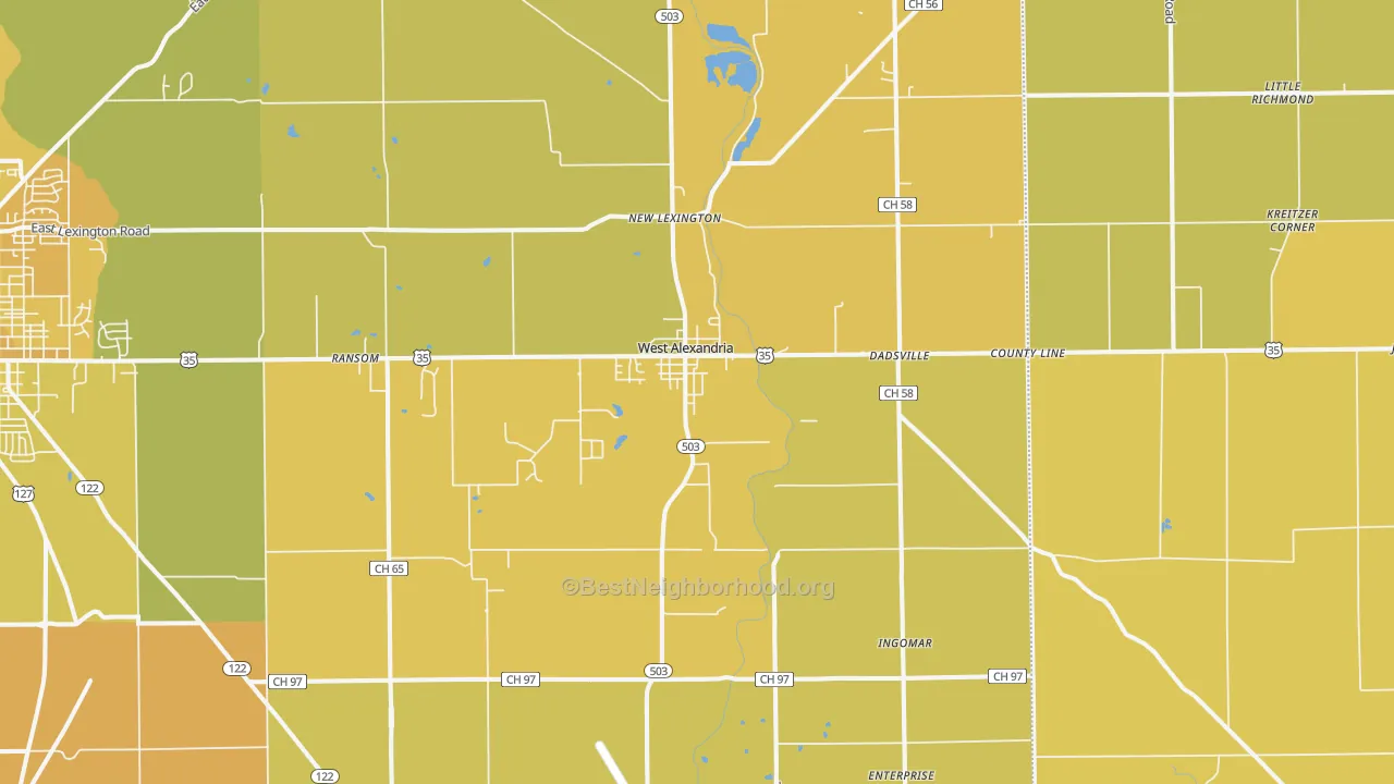 Map of the best neighborhoods in the West Alexandria area, with better matches in green and worse matches in red